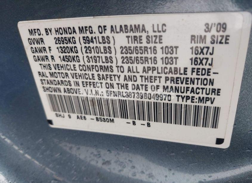 Photo 9 of 2009 Honda Odyssey EX-L (VIN 5FNRL38739B049970)