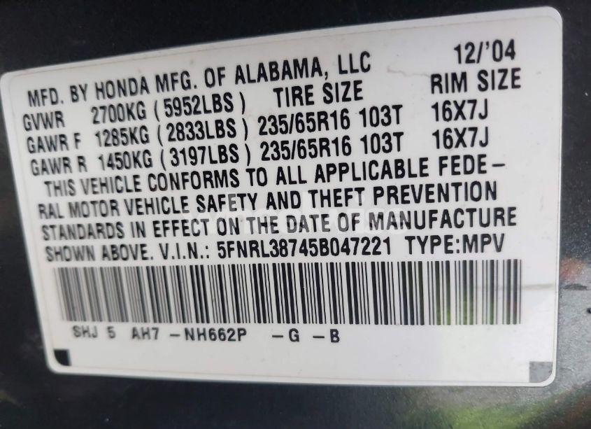Photo 9 of 2005 Honda Odyssey EX-L (VIN 5FNRL38745B047221)