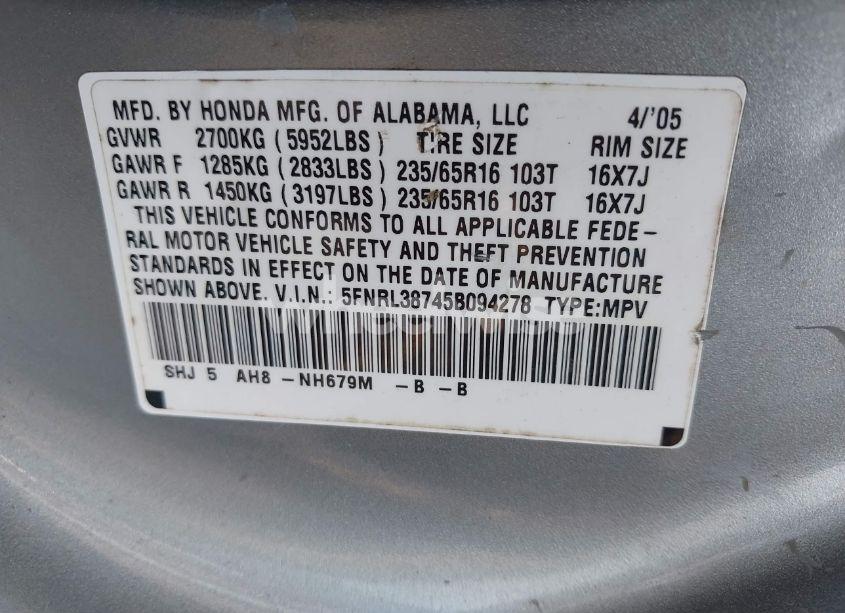 Photo 9 of 2005 Honda Odyssey EX-L (VIN 5FNRL38745B094278)