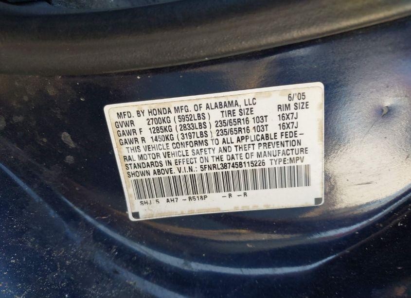 Photo 9 of 2005 Honda Odyssey EX-L (VIN 5FNRL38745B115226)