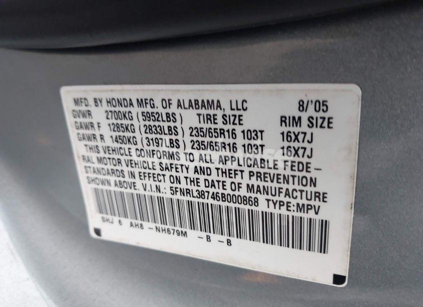 Photo 9 of 2006 Honda Odyssey EX-L (VIN 5FNRL38746B000868)