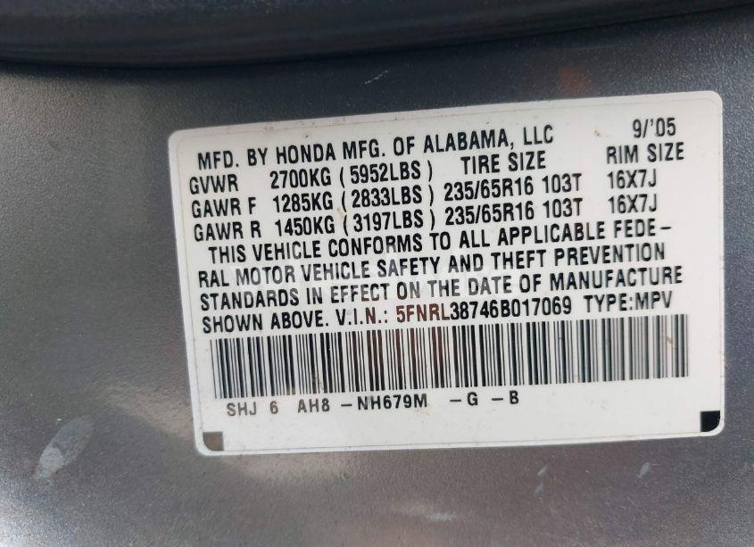 Photo 9 of 2006 Honda Odyssey EX-L (VIN 5FNRL38746B017069)