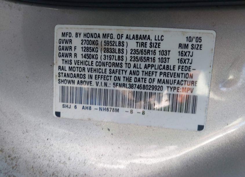 Photo 9 of 2006 Honda Odyssey EX-L (VIN 5FNRL38746B029920)