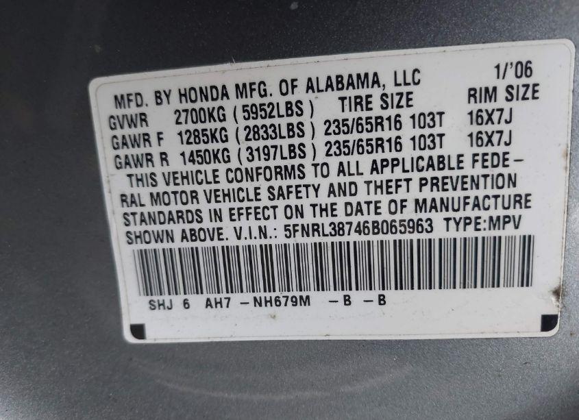 Photo 9 of 2006 Honda Odyssey EX-L (VIN 5FNRL38746B065963)