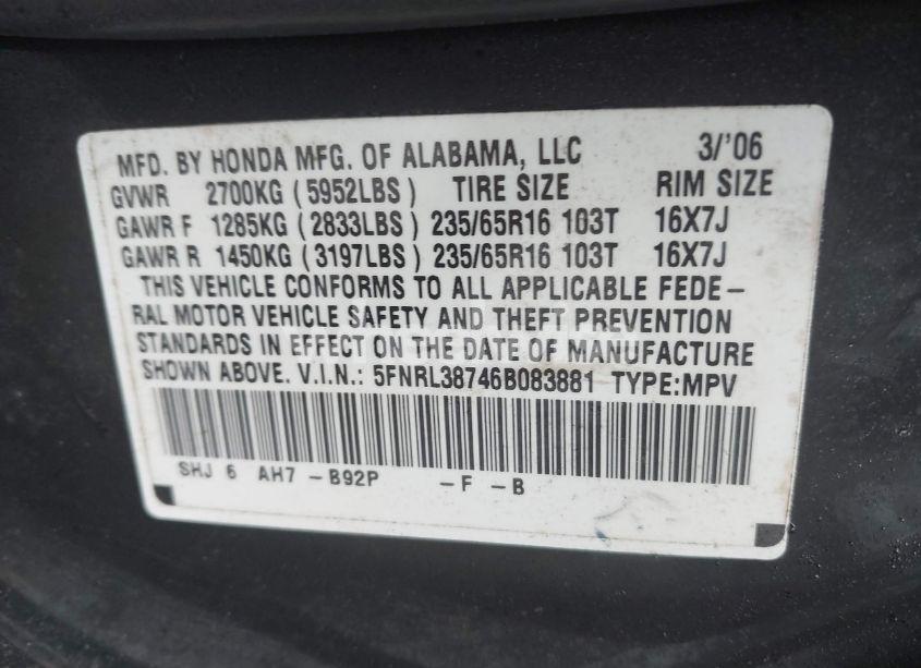 Photo 9 of 2006 Honda Odyssey EX-L (VIN 5FNRL38746B083881)