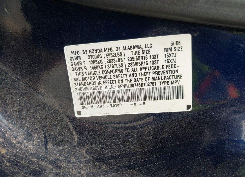 Photo 9 of 2006 Honda Odyssey EX-L (VIN 5FNRL38746B102767)