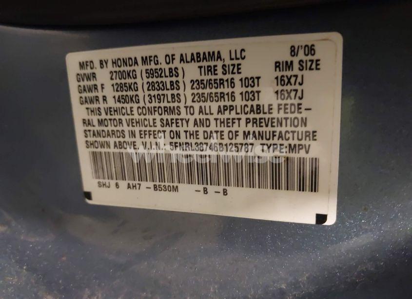 Photo 9 of 2006 Honda Odyssey EX-L (VIN 5FNRL38746B125787)
