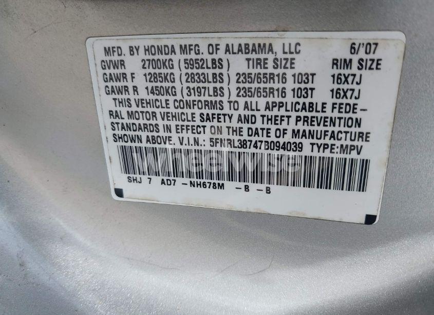 Photo 9 of 2007 Honda Odyssey EX-L (VIN 5FNRL38747B094039)