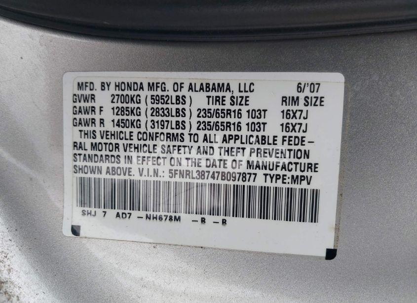 Photo 9 of 2007 Honda Odyssey EX-L (VIN 5FNRL38747B097877)