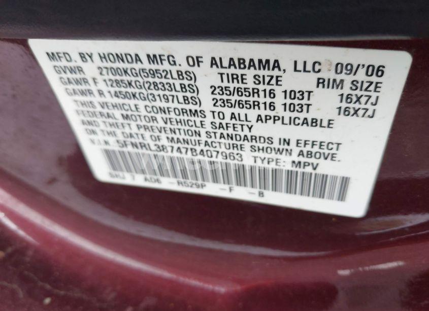 Photo 9 of 2007 Honda Odyssey EX-L (VIN 5FNRL38747B407963)