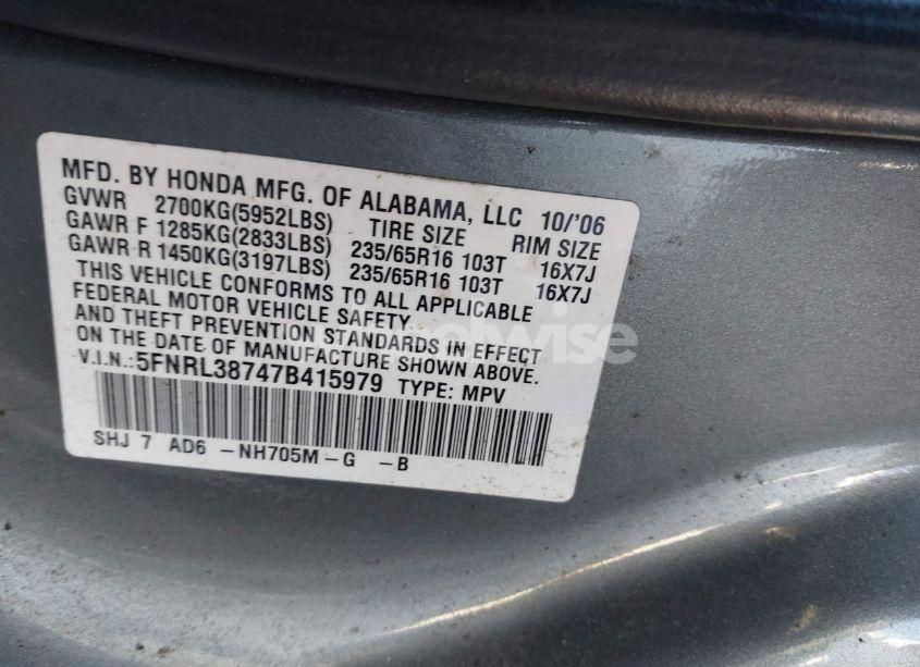 Photo 9 of 2007 Honda Odyssey EX-L (VIN 5FNRL38747B415979)