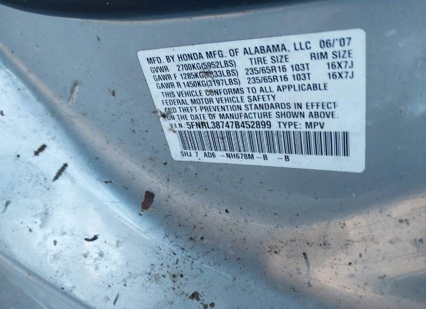 Photo 9 of 2007 Honda Odyssey EX-L (VIN 5FNRL38747B452899)