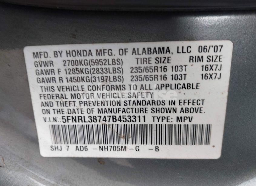 Photo 9 of 2007 Honda Odyssey EX-L (VIN 5FNRL38747B453311)