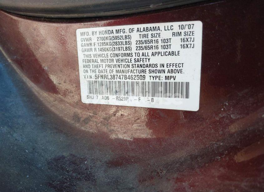 Photo 9 of 2007 Honda Odyssey EX-L (VIN 5FNRL38747B462509)