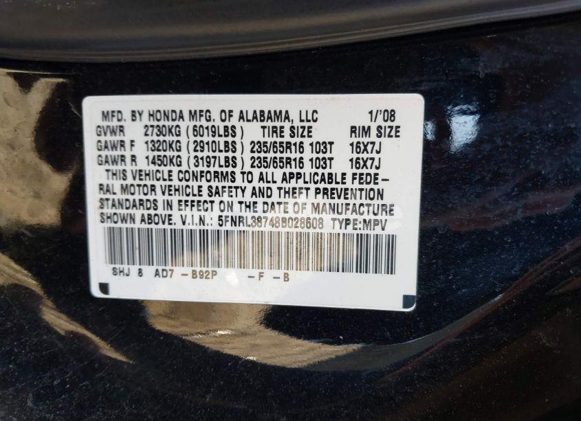 Photo 9 of 2008 Honda Odyssey EX-L (VIN 5FNRL38748B028608)