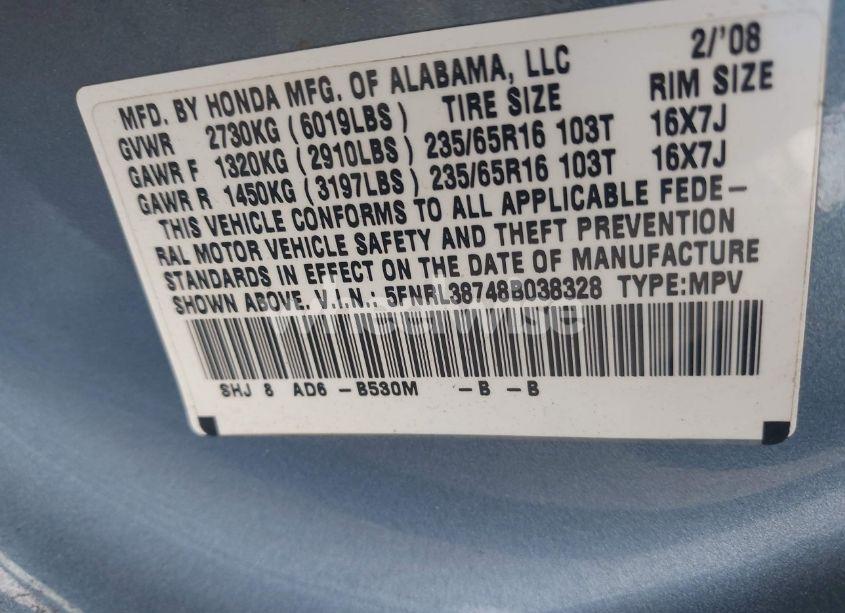 Photo 9 of 2008 Honda Odyssey EX-L (VIN 5FNRL38748B038328)