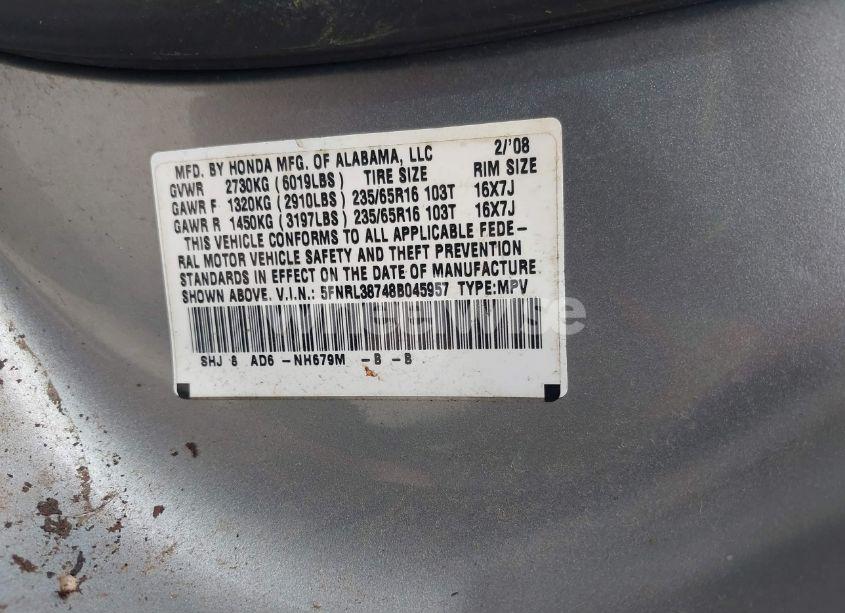 Photo 9 of 2008 Honda Odyssey EX-L (VIN 5FNRL38748B045957)