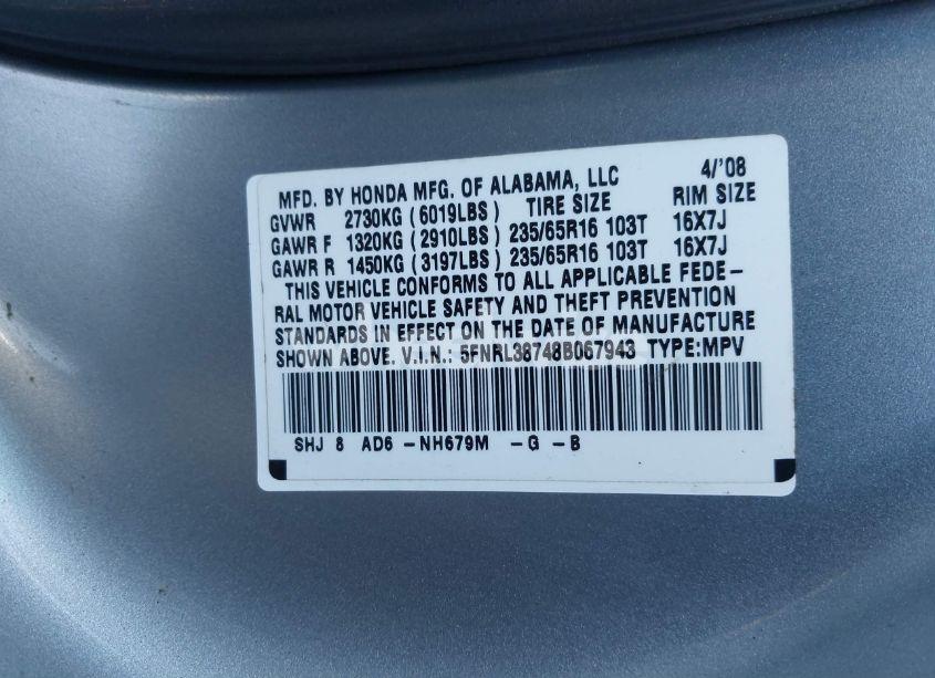 Photo 9 of 2008 Honda Odyssey EX-L (VIN 5FNRL38748B067943)