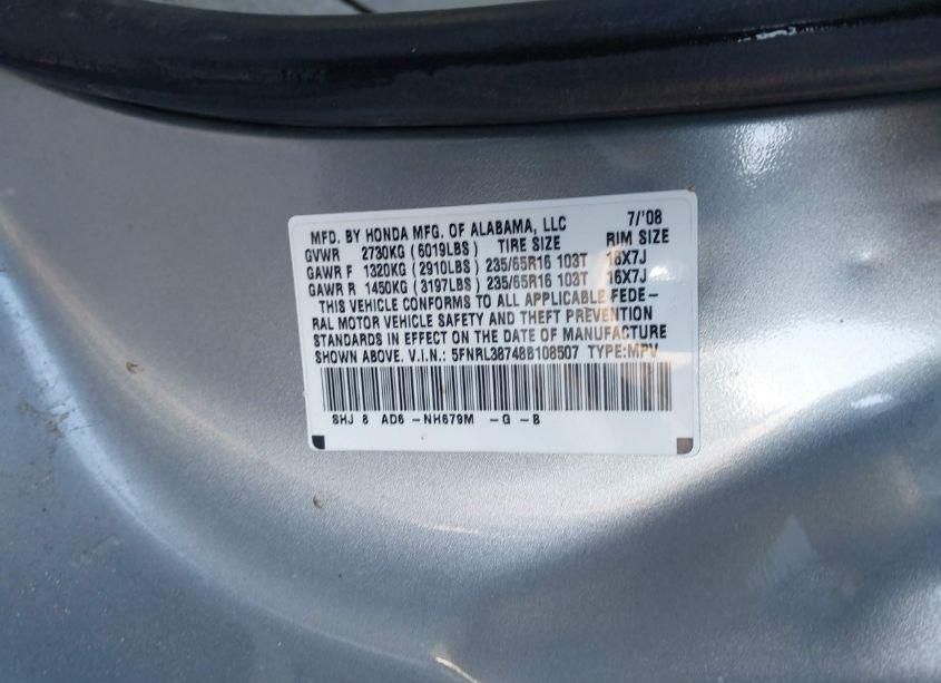 Photo 9 of 2008 Honda Odyssey EX-L (VIN 5FNRL38748B108507)