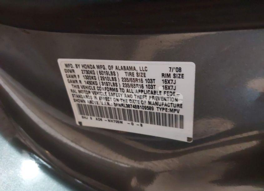 Photo 9 of 2008 Honda Odyssey EX-L (VIN 5FNRL38748B109589)