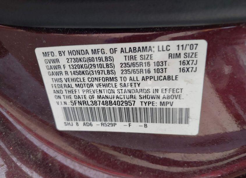 Photo 9 of 2008 Honda Odyssey EX-L (VIN 5FNRL38748B402957)