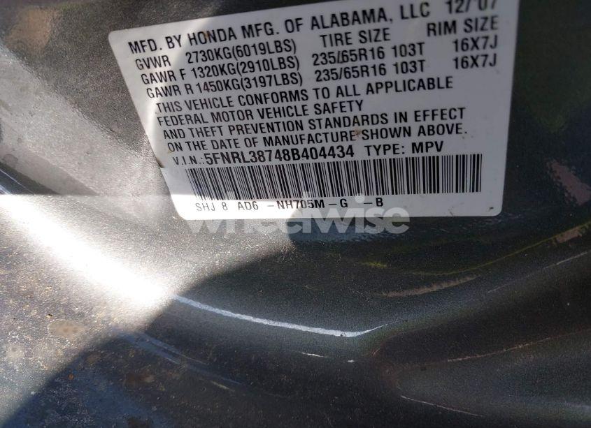 Photo 9 of 2008 Honda Odyssey EX-L (VIN 5FNRL38748B404434)