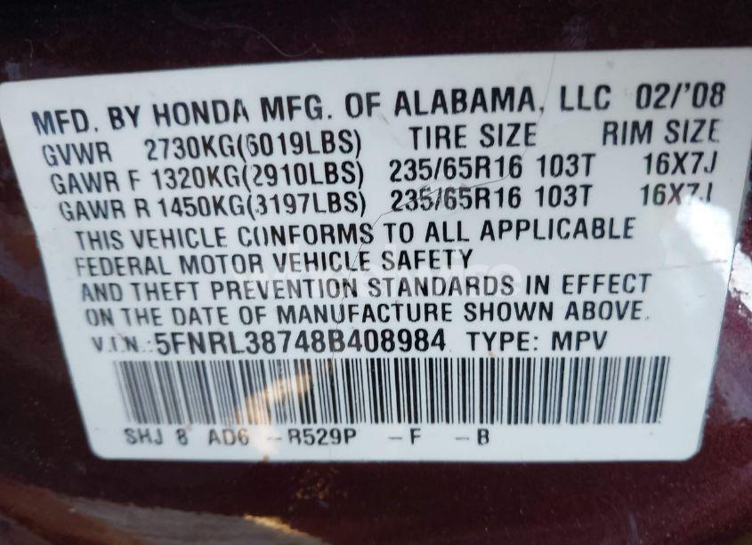 Photo 9 of 2008 Honda Odyssey EX-L (VIN 5FNRL38748B408984)