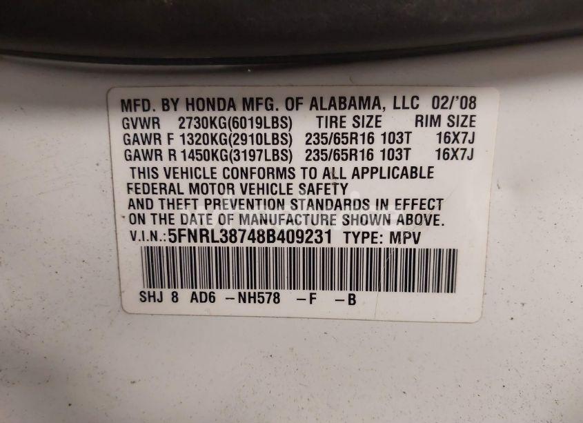 Photo 9 of 2008 Honda Odyssey EX-L (VIN 5FNRL38748B409231)