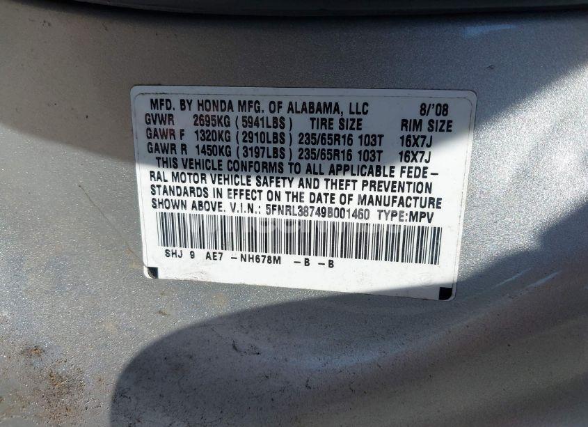 Photo 9 of 2009 Honda Odyssey EX-L (VIN 5FNRL38749B001460)