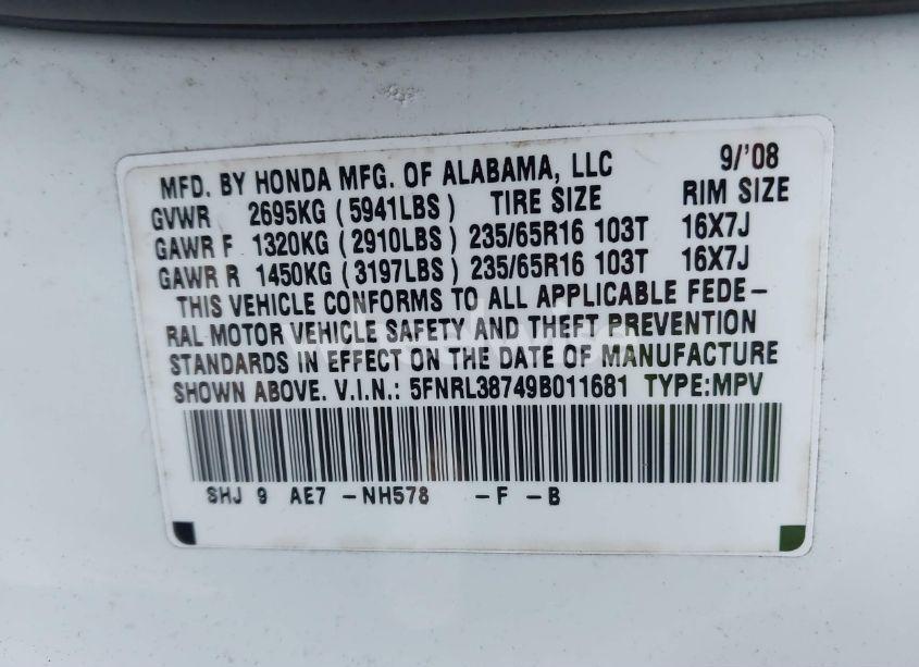 Photo 9 of 2009 Honda Odyssey EX-L (VIN 5FNRL38749B011681)