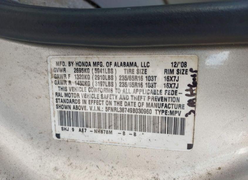 Photo 9 of 2009 Honda Odyssey EX-L (VIN 5FNRL38749B030960)