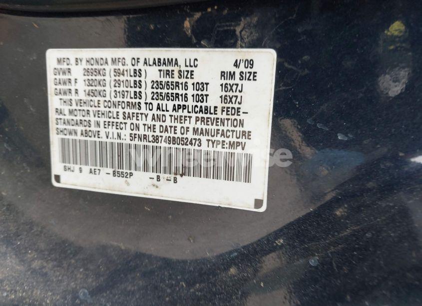 Photo 9 of 2009 Honda Odyssey EX-L (VIN 5FNRL38749B052473)