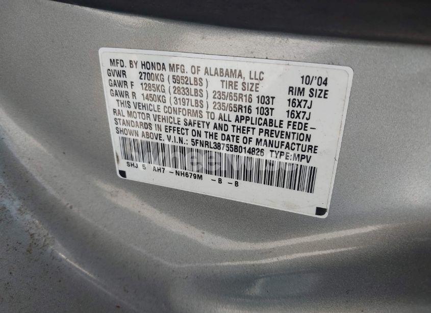 Photo 9 of 2005 Honda Odyssey EX-L (VIN 5FNRL38755B014826)