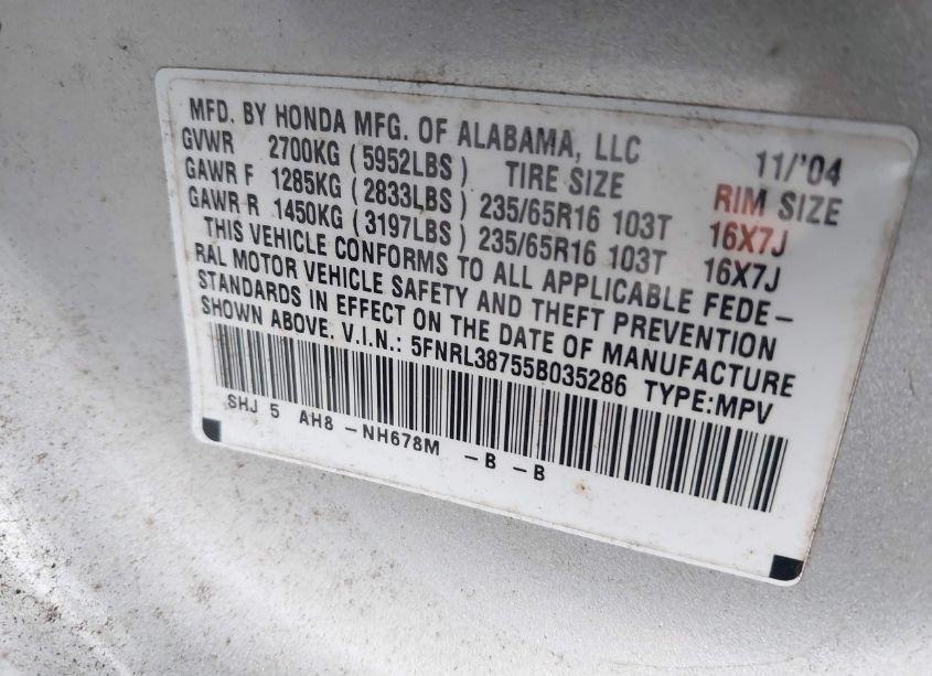 Photo 9 of 2005 Honda Odyssey EX-L (VIN 5FNRL38755B035286)