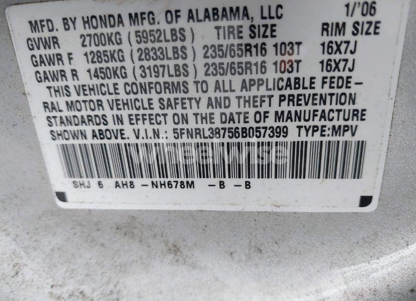 Photo 9 of 2006 Honda Odyssey EX-L (VIN 5FNRL38756B057399)