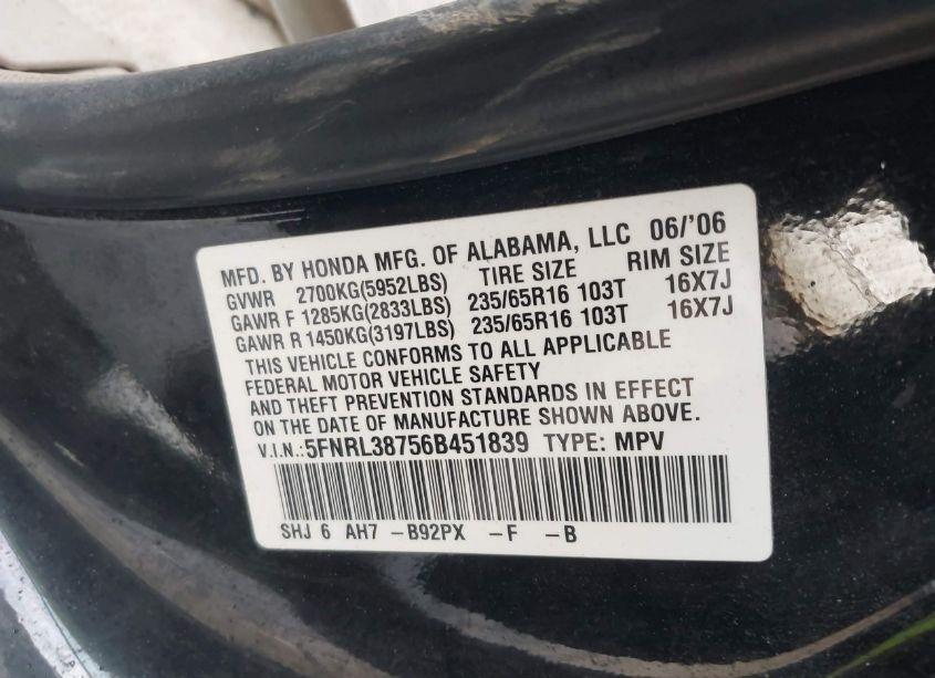 Photo 9 of 2006 Honda Odyssey EX-L (VIN 5FNRL38756B451839)