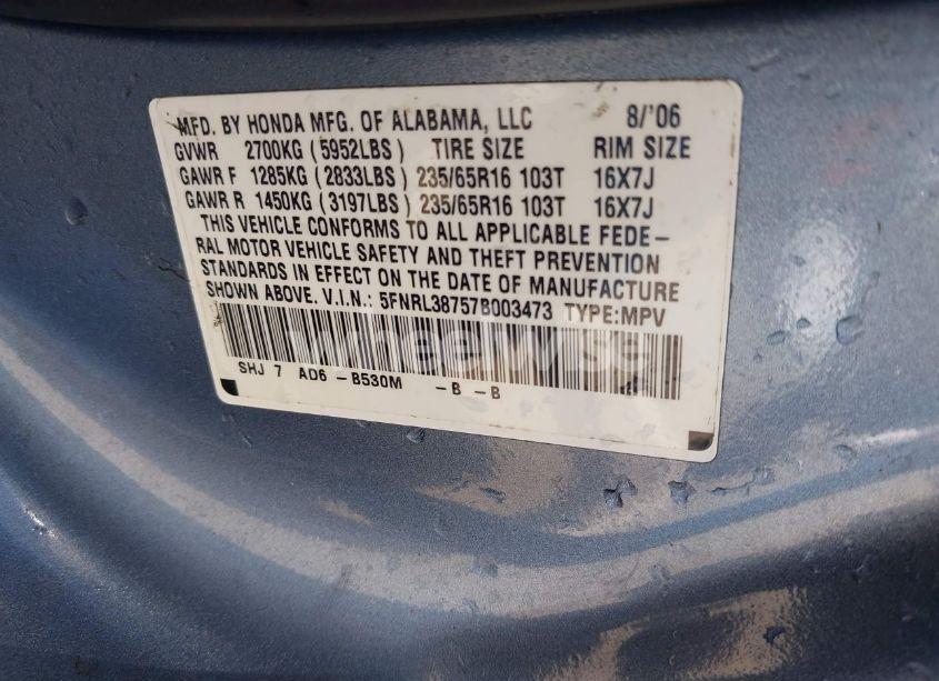 Photo 9 of 2007 Honda Odyssey EX-L (VIN 5FNRL38757B003473)