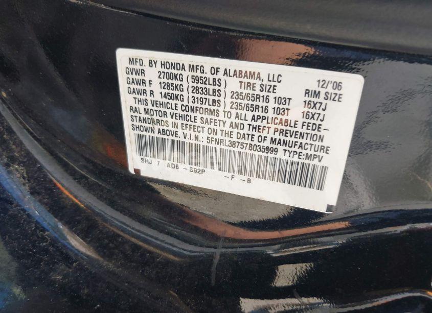 Photo 9 of 2007 Honda Odyssey EX-L (VIN 5FNRL38757B035999)