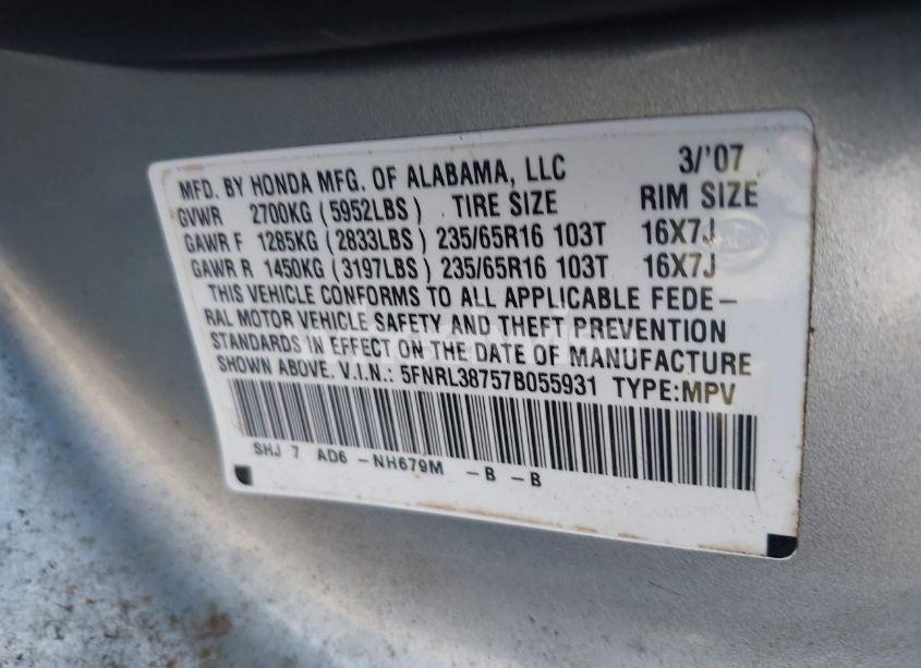 Photo 9 of 2007 Honda Odyssey EX-L (VIN 5FNRL38757B055931)