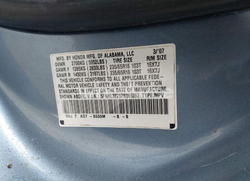 Photo 9 of 2007 Honda Odyssey EX-L (VIN 5FNRL38757B065262)