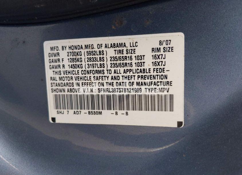 Photo 9 of 2007 Honda Odyssey EX-L (VIN 5FNRL38757B121989)