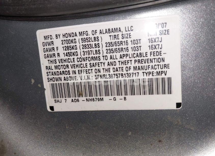 Photo 9 of 2007 Honda Odyssey EX-L (VIN 5FNRL38757B132717)