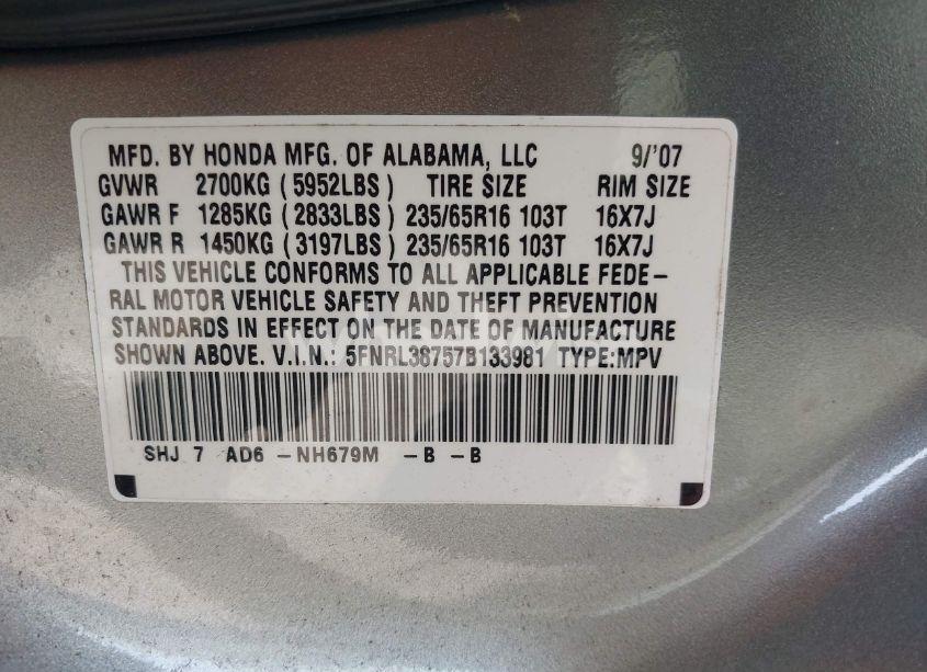Photo 9 of 2007 Honda Odyssey EX-L (VIN 5FNRL38757B133981)
