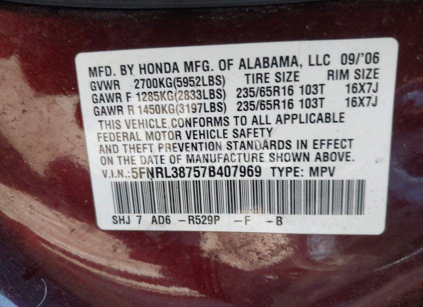 Photo 9 of 2007 Honda Odyssey EX-L (VIN 5FNRL38757B407969)