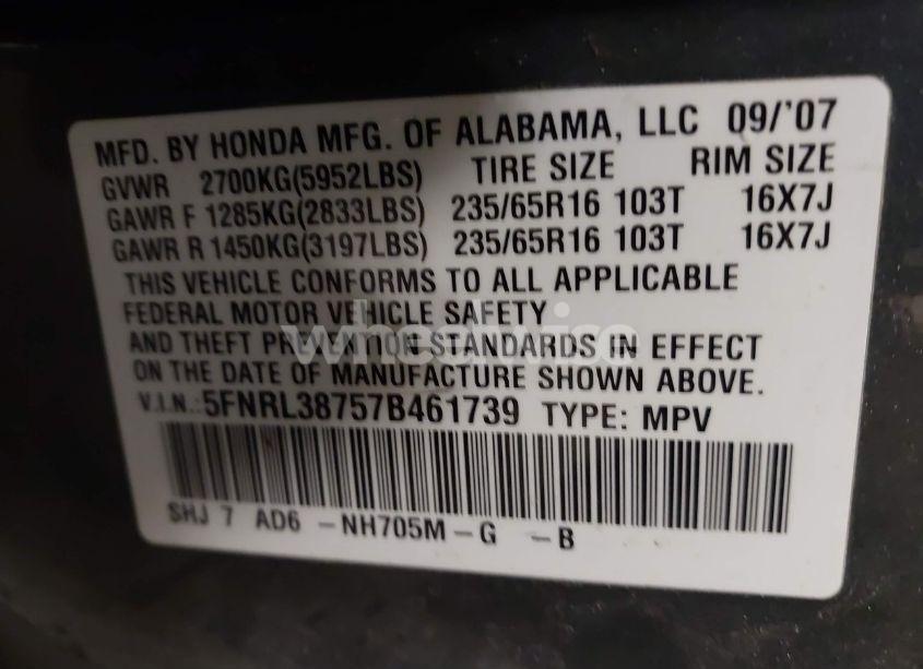 Photo 9 of 2007 Honda Odyssey EX-L (VIN 5FNRL38757B461739)