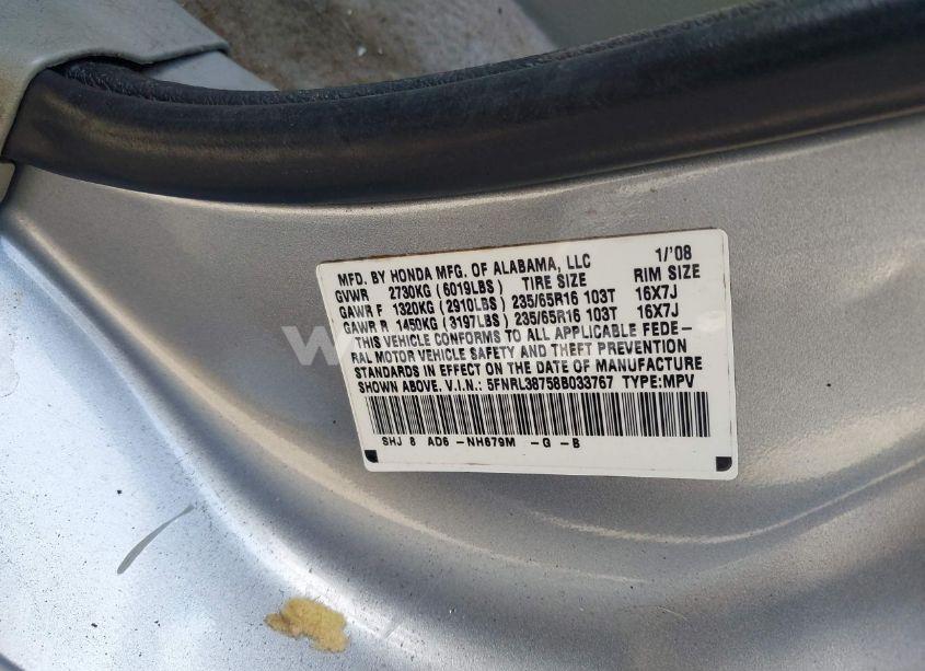 Photo 9 of 2008 Honda Odyssey EX-L (VIN 5FNRL38758B033767)