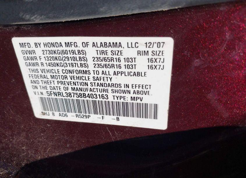 Photo 9 of 2008 Honda Odyssey EX-L (VIN 5FNRL38758B403163)