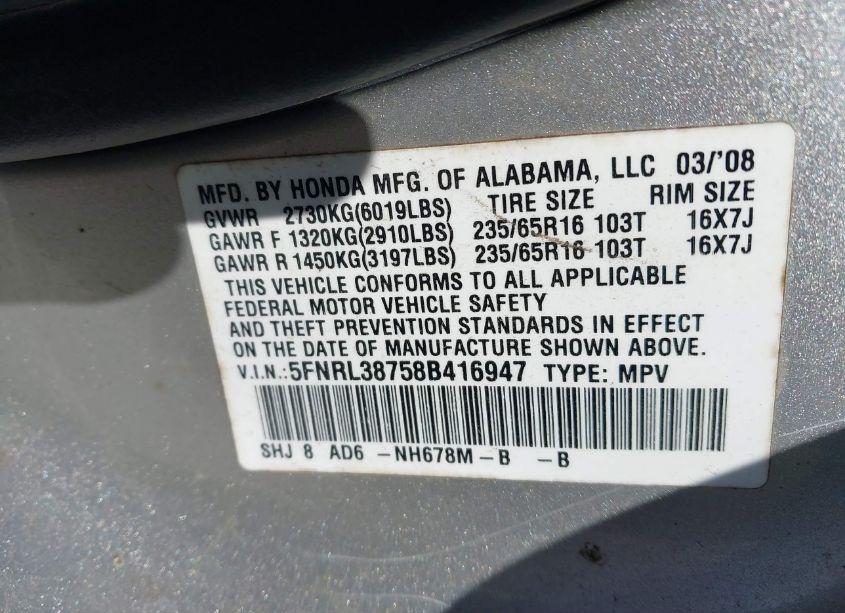 Photo 9 of 2008 Honda Odyssey EX-L (VIN 5FNRL38758B416947)