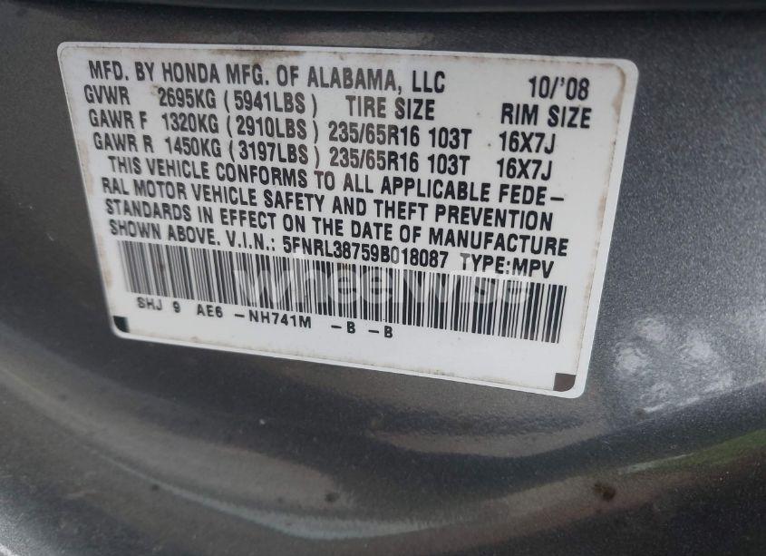 Photo 9 of 2009 Honda Odyssey EX-L (VIN 5FNRL38759B018087)