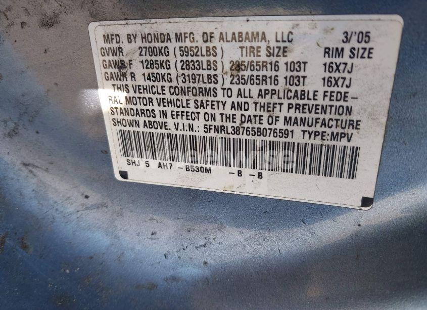 Photo 9 of 2005 Honda Odyssey EX-L (VIN 5FNRL38765B076591)